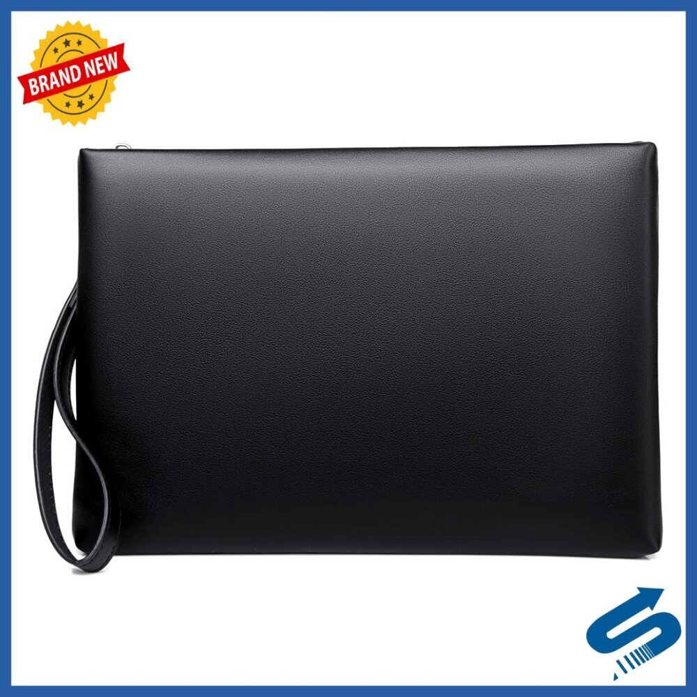 Large Leather Clutch Bag Mens Business Travel Minimal Classic Zippered Wristlet